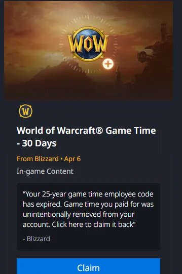 «Ваш 25-летний код игрового времени для сотрудника истек. Оплаченное вами игровое время было ошибочно удалено с вашей учетной записи. Нажмите здесь, чтобы вернуть его», — сообщение, полученное сотрудниками Blizzard   📷