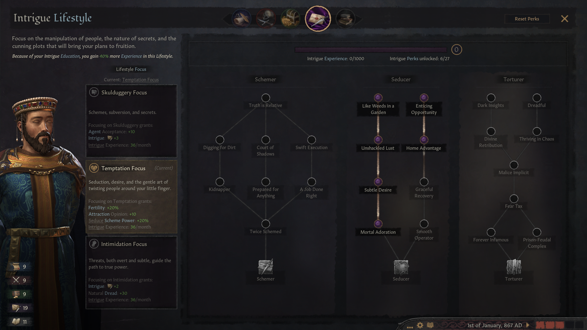 ...и его таланты. Оставшиеся два лучше тоже вкладывать в среднюю ветку, чтобы шанс соблазнить цель был выше.