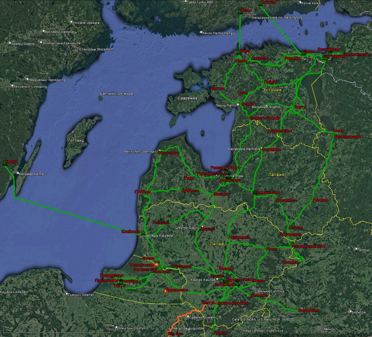 Схема сетей БРЭЛЛ (в части Прибалтики). Рыжий цвет – сети 400 кВ, зелёный – 330 кВ