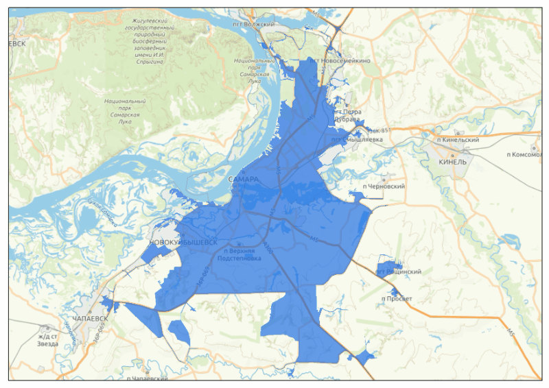 Зона доступности 90 минут в час-пик и во внепиковое время в Самаре 