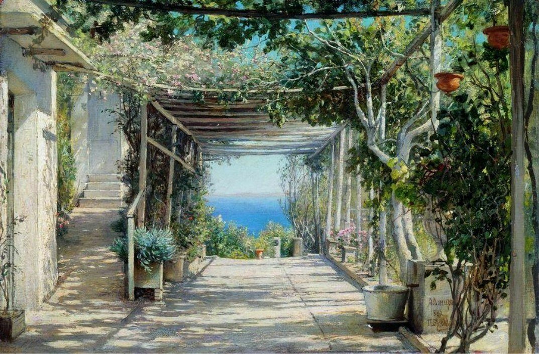 «Веранда. Алжир», 1882 год. Дерево, масло. 15.4 x 23.2 см. Павел Александрович Брюллов. 
