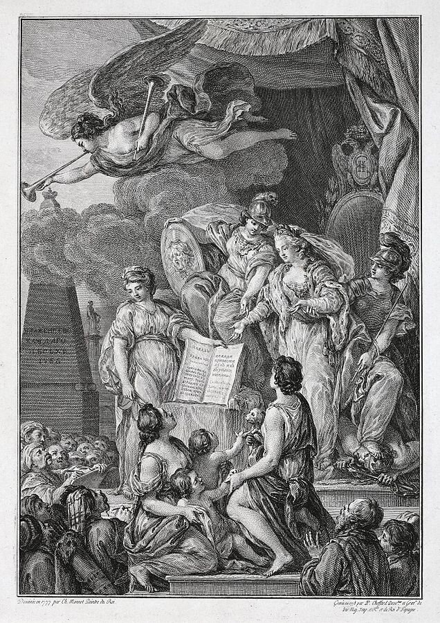 "Аллегория на императрицу Екатерину II с текстом 'Наказа" Франция, 1778 г.  Техника: бумага, офорт, гравюра резцом.  Гравер: Шоффар, Пьер-Филипп. 1730-1809; Автор рисунка: Монне, Шарль. 1732-1808.
