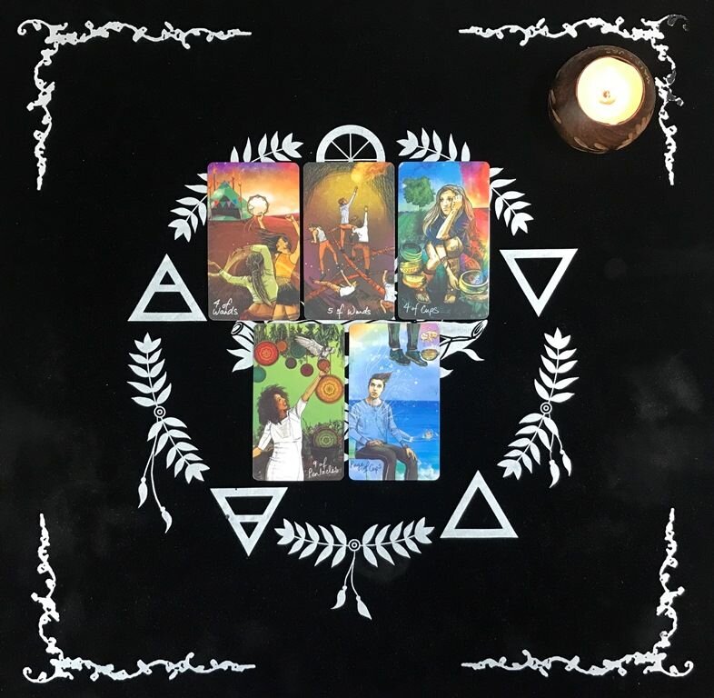 4 жезлов + 5 жезлов + 4 кубков + 9 пентаклей + Паж кубков