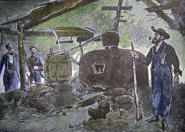 'Hill-Billy Moonshine Still', 1890 г. (цветная гравюра)