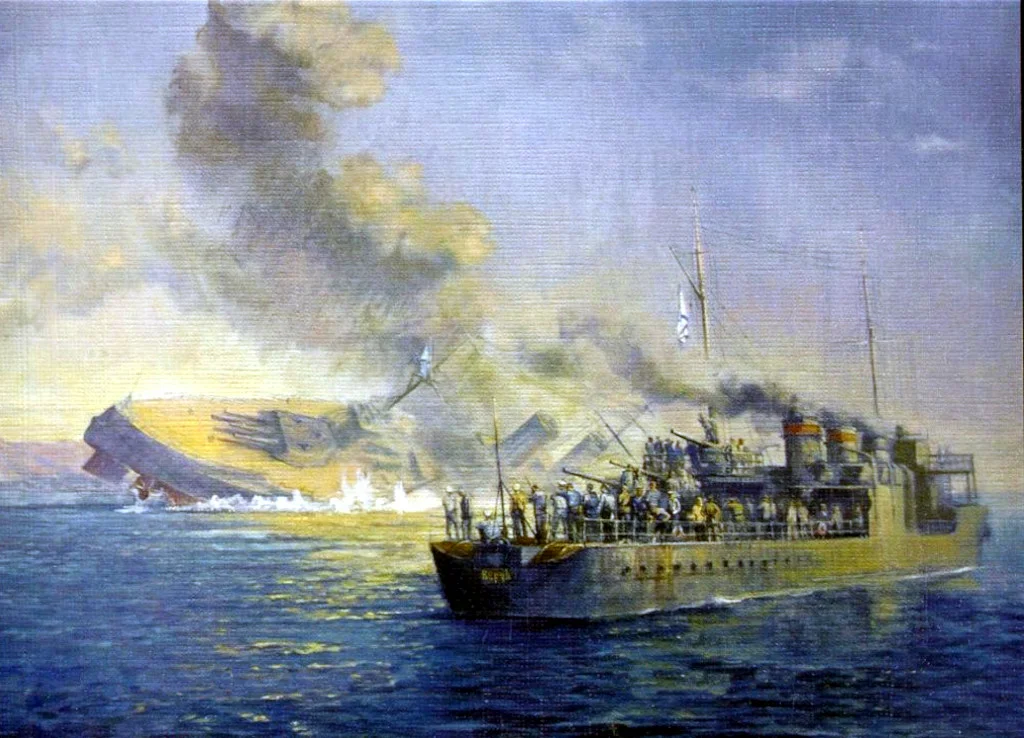 1918, 18 июня - В Цемесской бухте Новороссийска затоплены линейный корабль «Свободная Россия» и 9 эсминцев Черноморского флота. )«Потопление эскадренным миноносцем «Керчь» линейного корабля «Свободная Россия». Худ. И.Д. Дементьев).