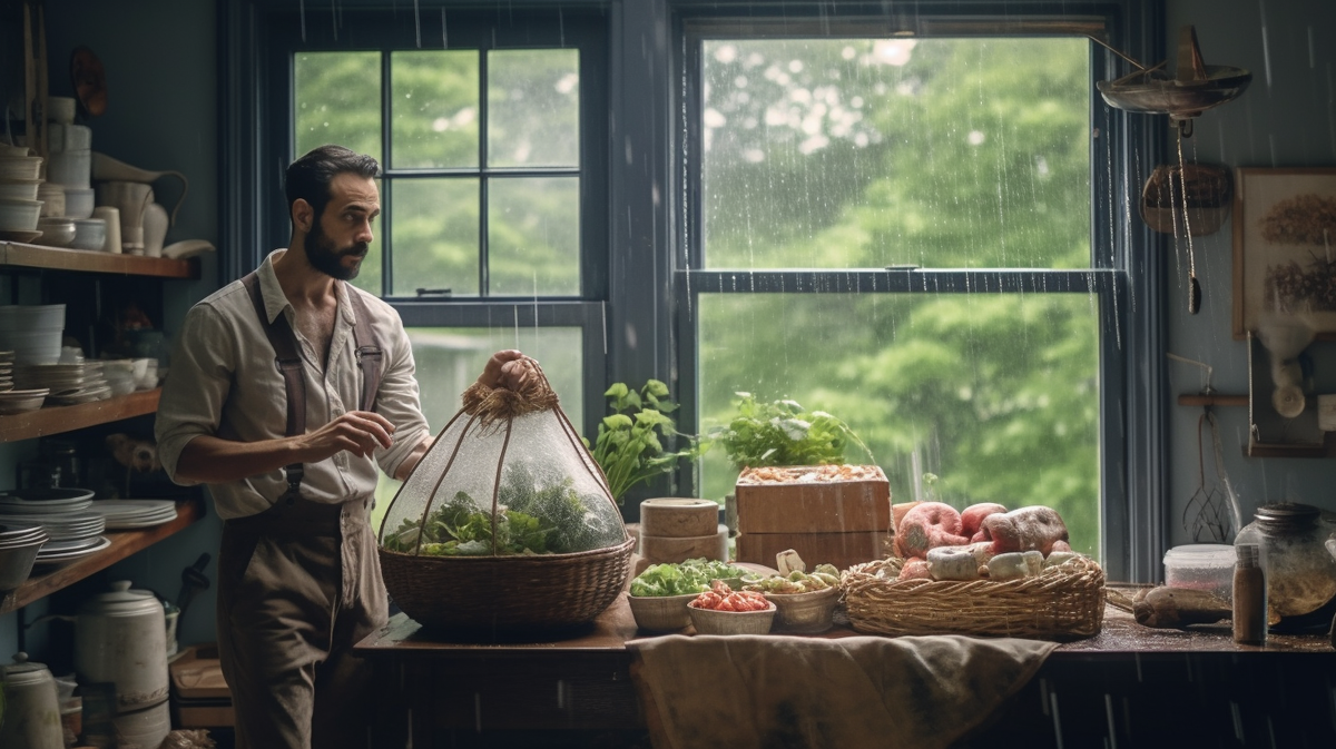 Человек, который собрался на пикник, и вдруг пошел дождь.
