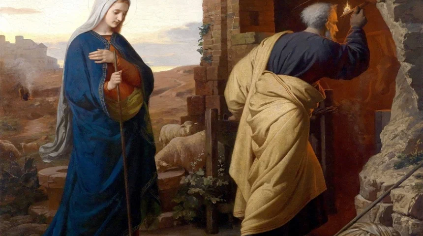 Мария и Иосиф входят в пещеру Рождества. Открытые источники.