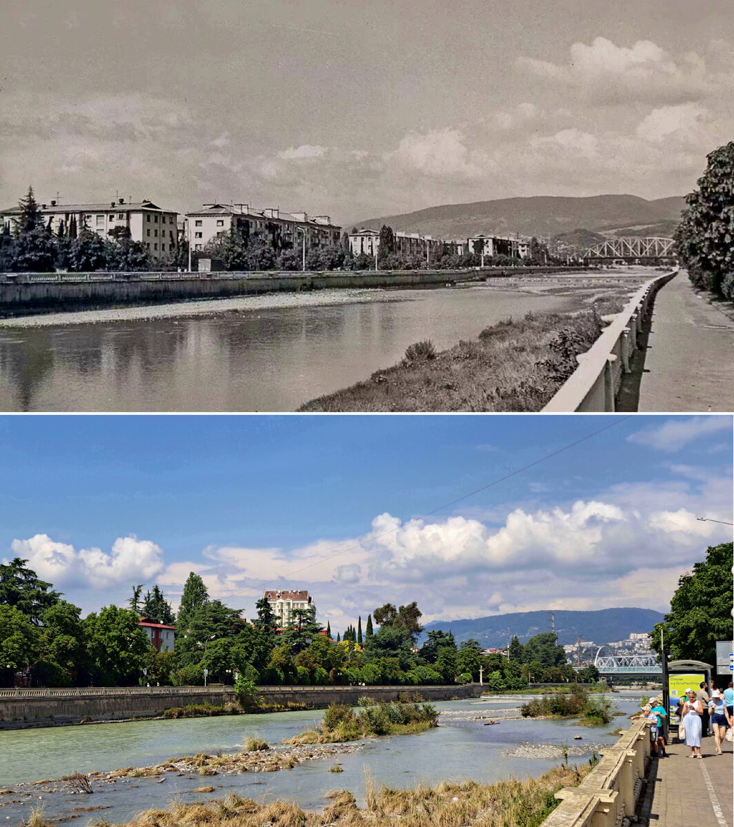 Вид от подвесного моста на улицу Чайковского и железнодорожный мост 1983/2023