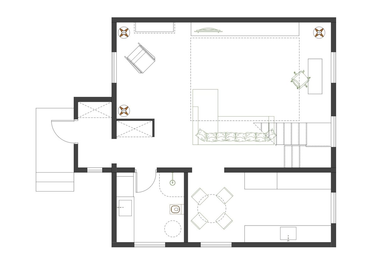 Это первый этаж. При большом желании можно было бы  здесь сделать еще одну спальню.