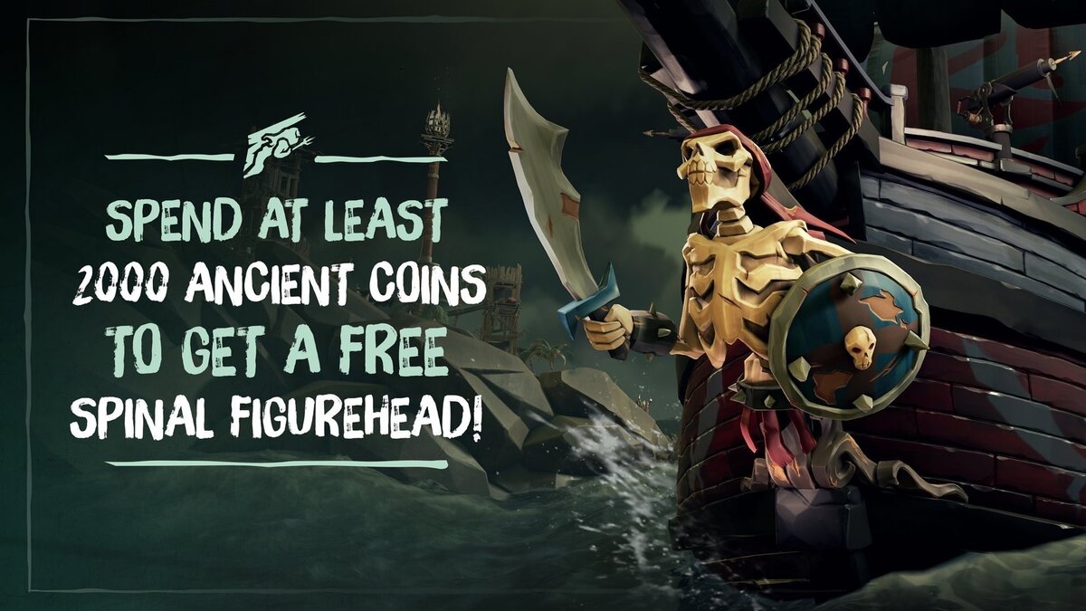 В качестве бонуса в Sea Of Thieves есть возможность получить носовую фигуру «Костяк». С 24го июня по 3е июля в игре нужно потратить 2.000 древних монет(Донат) чтобы получить фигуру.