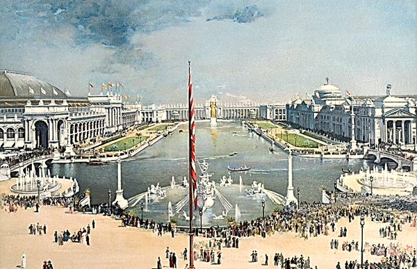 Чикагская "Всемирная колумбийская выставка" 1893-го года, посвященная празднованию "открытия" Америки Колумбом 400 лет назад, раскинувшаяся "Белым городом" на берегу озера "Мичиган". Напрашивается ассоциация с подобным Белым (белокаменным) городом Москвы. Бросается в глаза великолепие античных зданий в Чикаго, который по официальной версии заселения Америки западно-европейскими жителями должен быть протестантским.