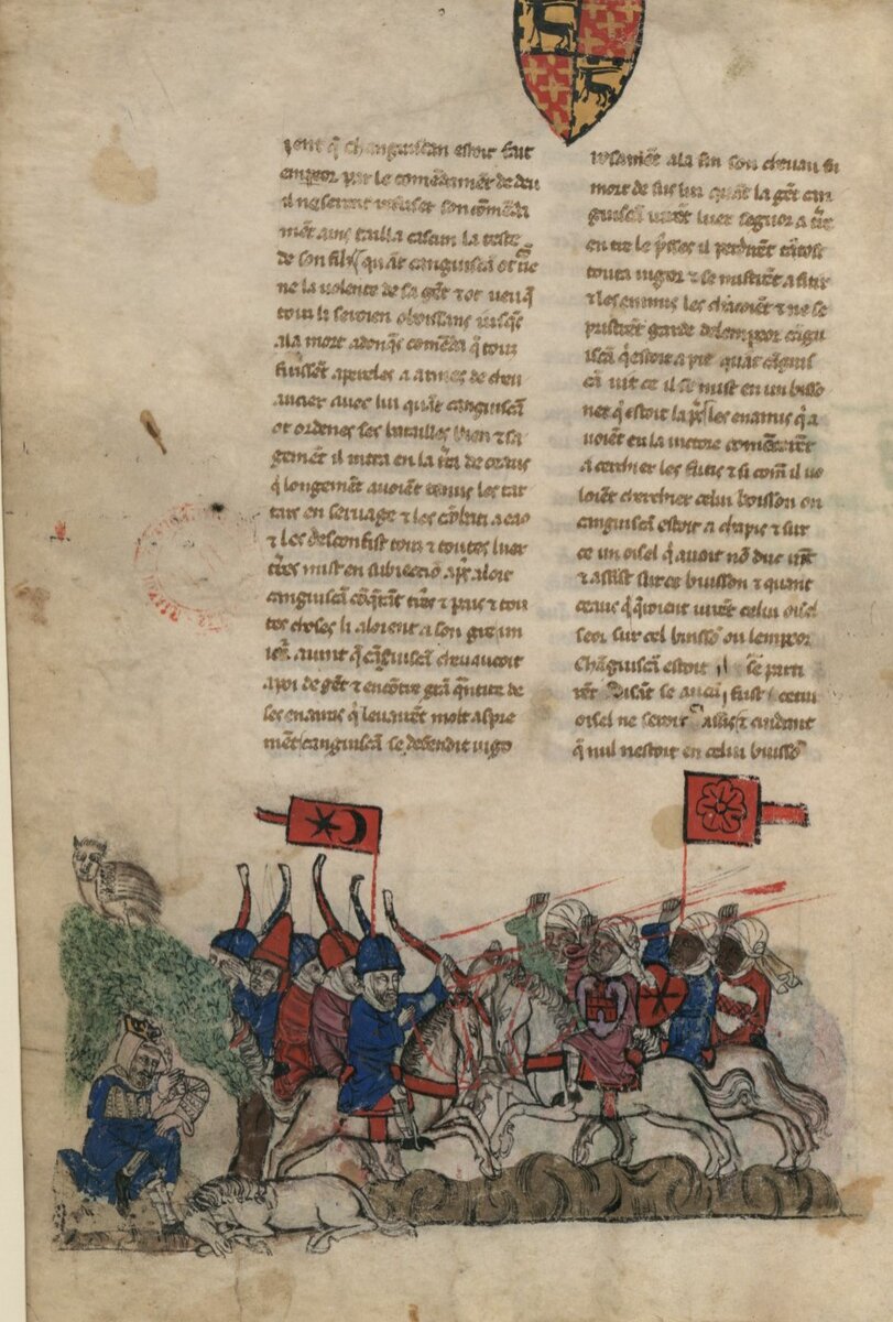 Лист из рукописи Хетума. Чингисхан прячется под кустом на который села сова.