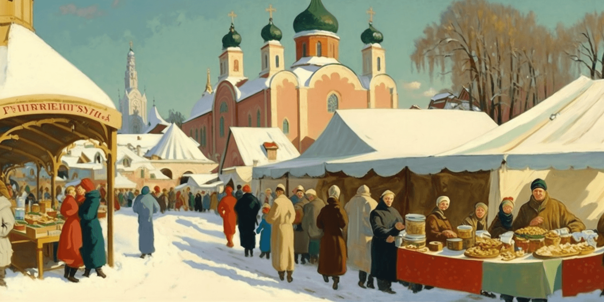  , Boris Kustodiev: A festive market scene with colorful stalls and cheerful townsfolk