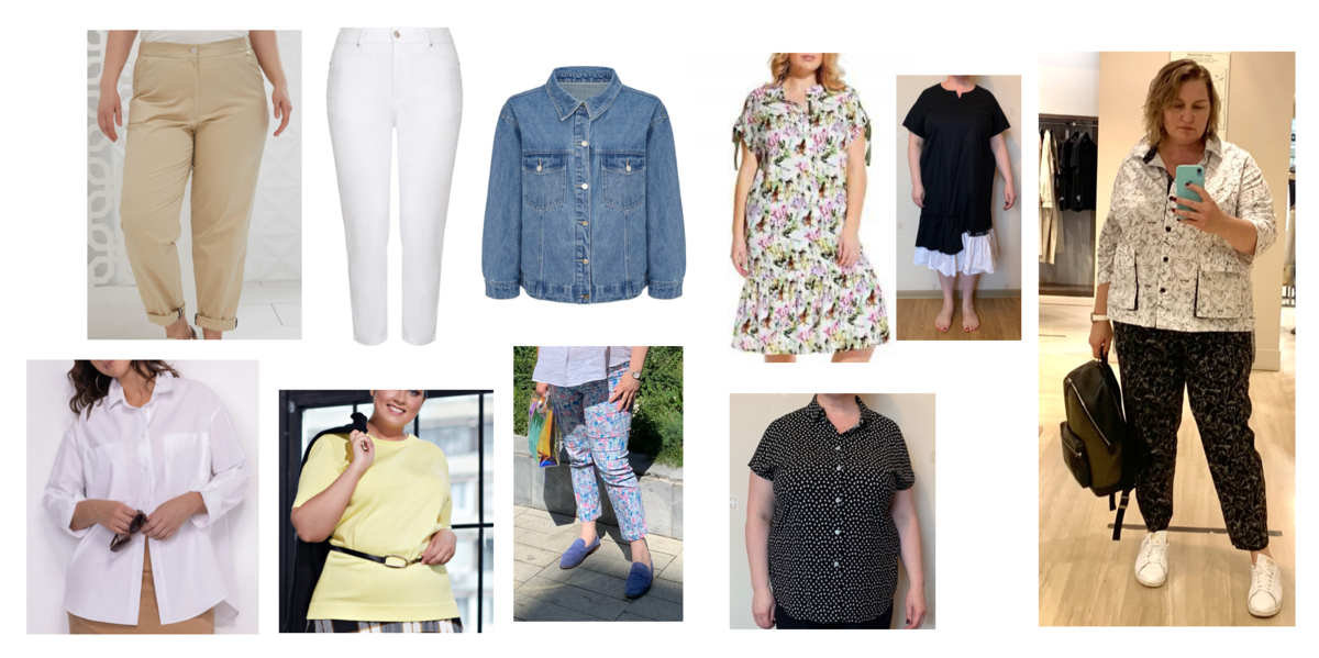 Бежевые брюки, белые джинсы, брюки с принтом, на котором целлюлит тает, 2 платья, белая рубашка, джинсовая куртка, лимонный топ, блузка с принтом «лепестки» (горошки мне не идут, а эти лепестки просто прекрасны) и моя любовь – хлопковый костюм с котиками в линеарной технике. Почти всё между собой сочетается, а уж с другими вещами и подавно. Платья и костюм с котами в комплекты брать не буду. Расскажу чуть позже почему.