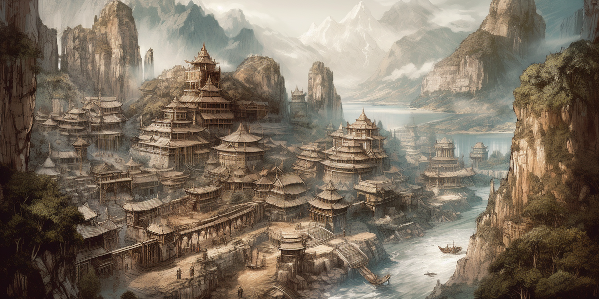 ancient cartography, coffee stained, dungeons and dragons, map with mountains and forests and ruins, full view,character design, realistic, high detail, cgi, fantasy --ar 2:1