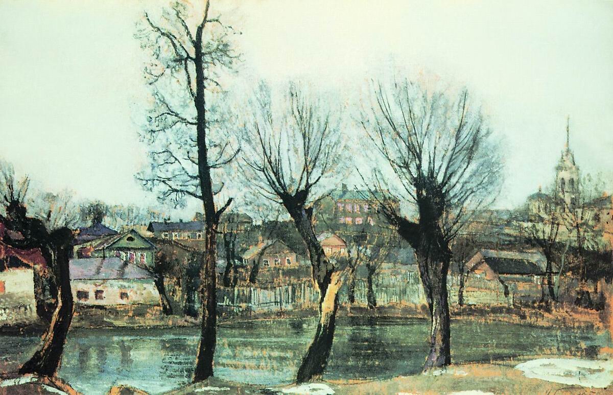 "Псков. Ветлы", 1913 Картон, гуашь, пастель. 21 x 31 см.Бродский Исаак Израилевич
