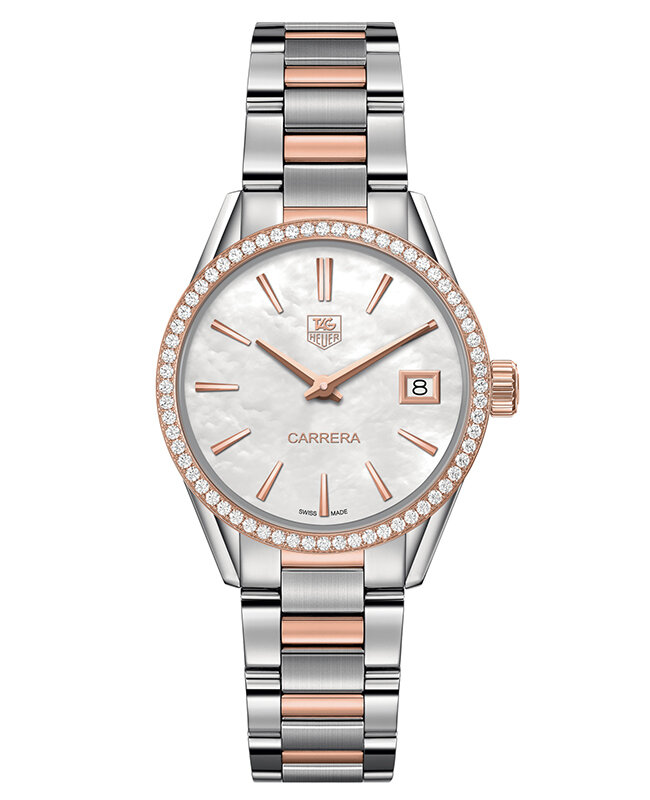Часы TAG Heuer Carrera в 32 мм корпусе из стали и розового золота с бриллиантами на безеле и указателем даты 