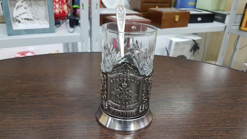 Подстаканник никелированный с чернью "Отечество, долг, честь'" 10*11*9 см