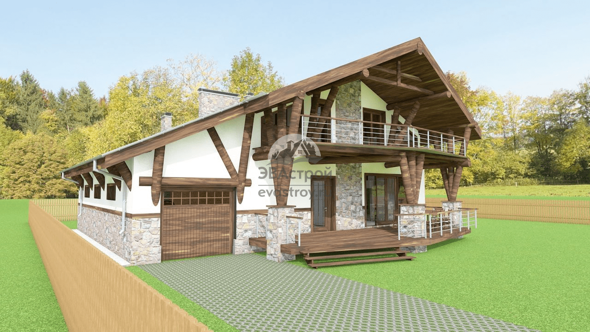 Проект шале дома 348 м2 с гаражом, балконом и террасой - 105-77