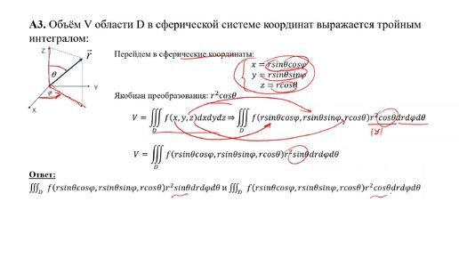 Вычисление объема тела через тройной интеграл в сферической системе координат (A3)