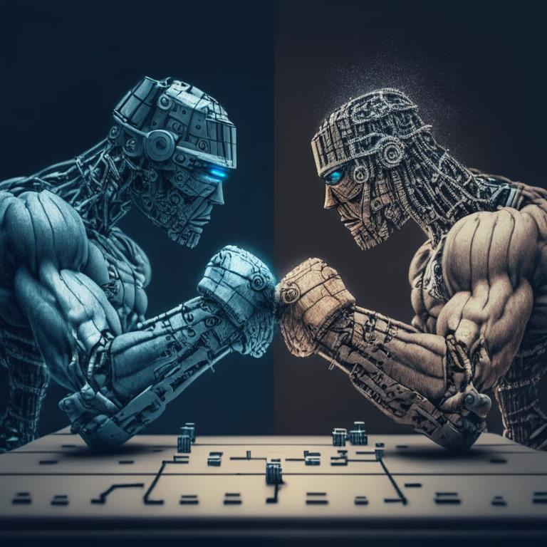 Мэтр Kandinsky 2.1, Результат генерации по запросу "Репетитор и нейросеть при помощи армрестлинга выясняют, кто из них круче", стиль: 4k. Осталось выяснить, кто из этих двоих я, а кто - ChatGPT, о которой сегодня пойдёт речь