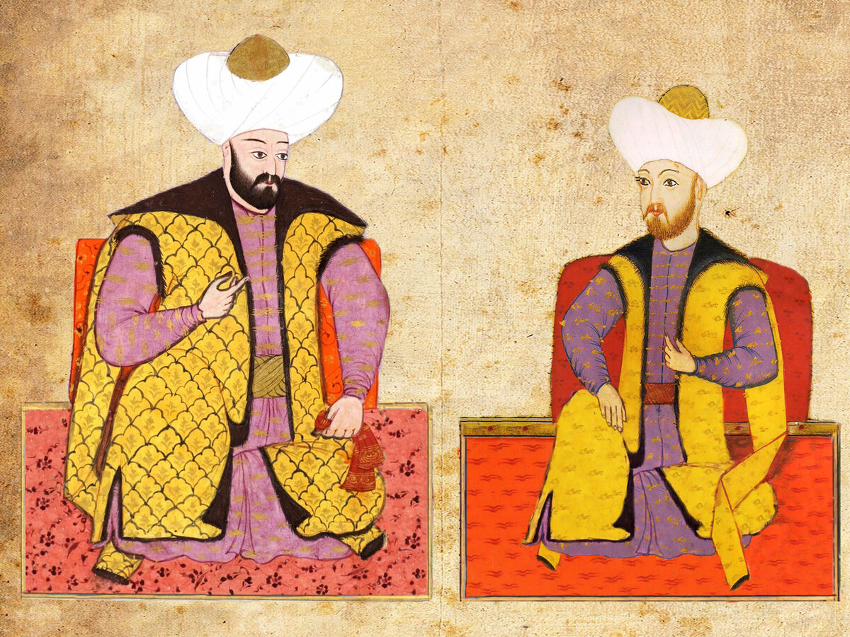 Султан Мурад II и его сын Мехмед, будущий султан Мехмед Фатих (Авторский коллаж на основе старинных изображений)