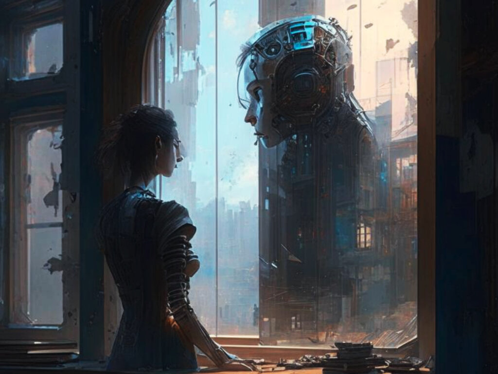    Эту картину специально для нашей статьи сгенерировала другая нейросеть — «Кандинский» от Сбера. По запросу «ИИ открывает человеку окно в другой мир»