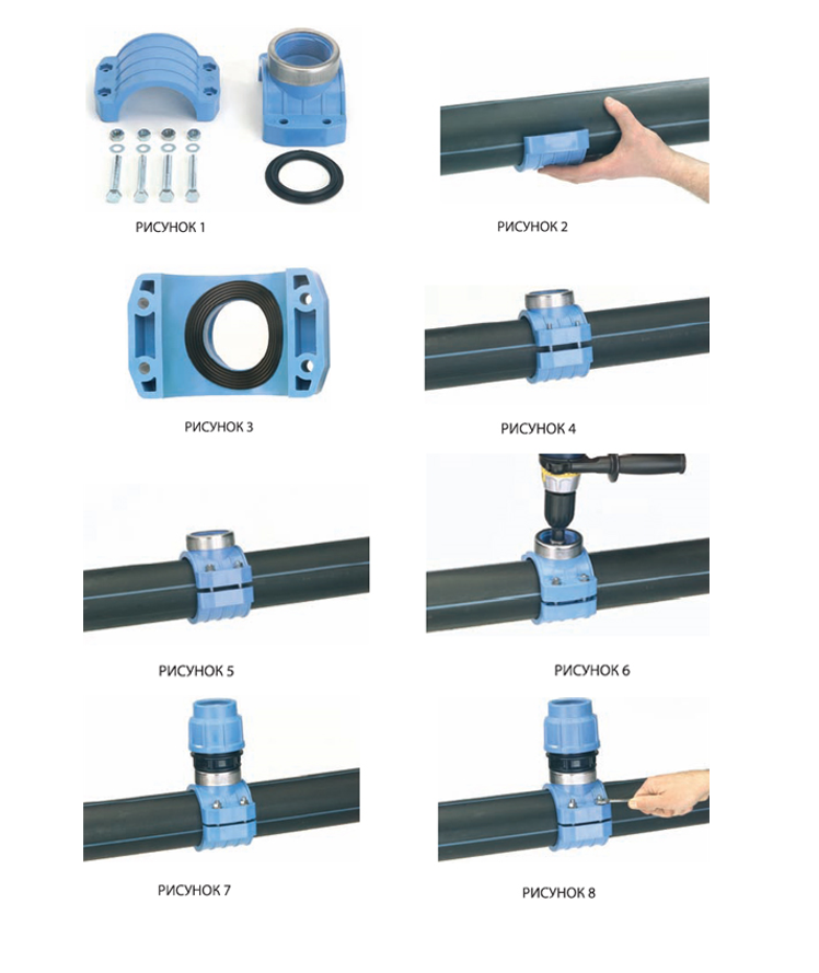 Правильное соединение труб. Хомут на ПНД трубу 110 для врезки. Муфта для врезки в водопровод под давлением на 110 трубу ПНД. Хомут на трубу для врезки полипропилен. Седёлка на трубу ПНД 32 для врезки под давлением.