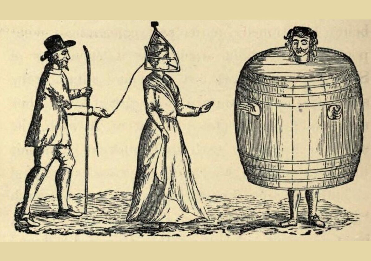 Средневековая гравюра. Обычная картина в Средневековье. Муж выгуливает жену в маске позора на поводке