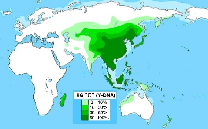 Современное распространение Y-гаплогруппы O, основной и древнейшей для людей монголоидной расы. (википедия)
