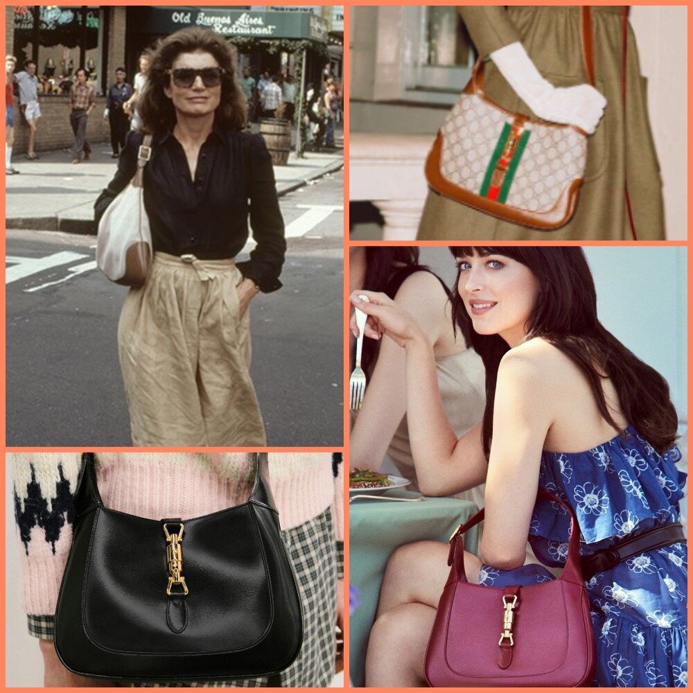 Жаклин Кеннеди с Gucci Constance, версия с фирменной вышивкой, классическая версия Jackie Bag, Дакота Джонсон в современной рекламной кампании Gucci