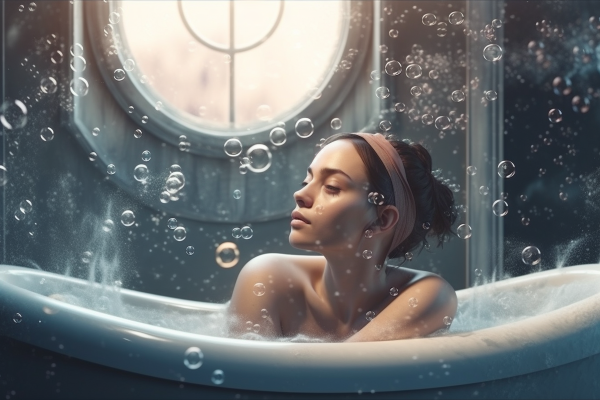 beautiful woman relaxing in a bubbly bathtub, photorealistic art