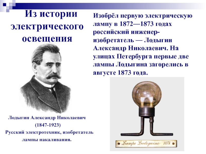 Электрической лампочки накаливания а.н. Лодыгин, 1873. Открытия 10 века