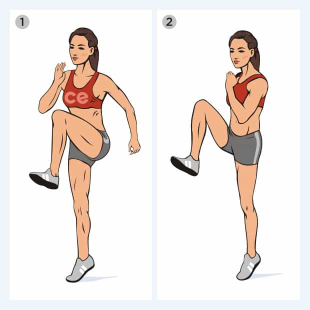 Бег с высоким подниманием бедра схема. Бег на месте с высоким подниманием бедра. Шаги на месте упражнение. Высокое поднимание бедра упражнение.