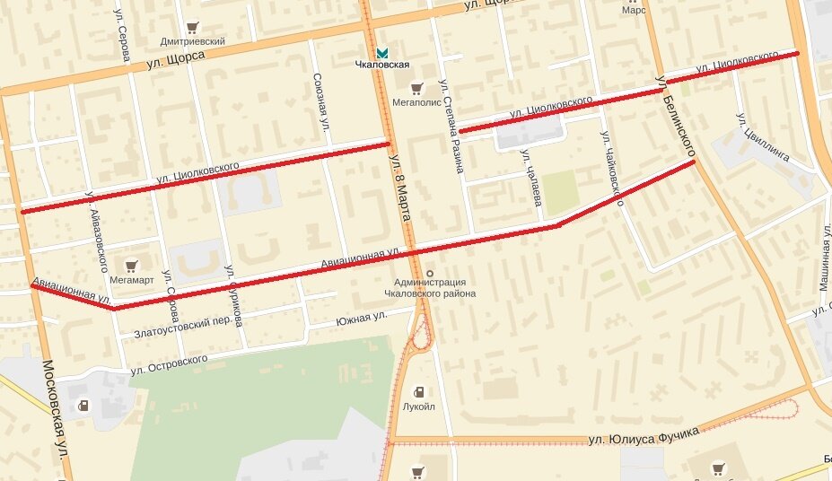 Циолковского - Авиационная (Екатеринбург) © Яндекс