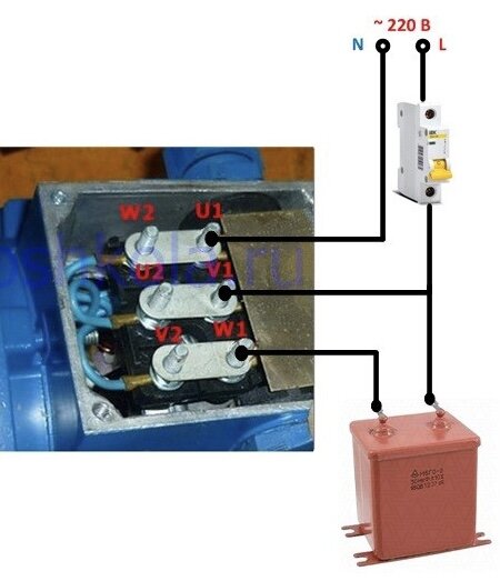 Схема подключения электродвигателя на 220В через конденсатор
