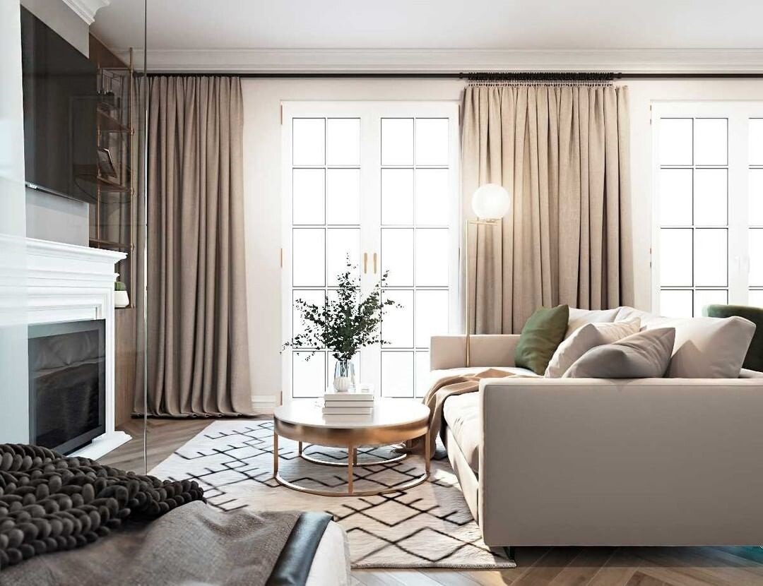 Панорамные окна и камин. Аристократичный интерьер на площади всего 40 кв.м.