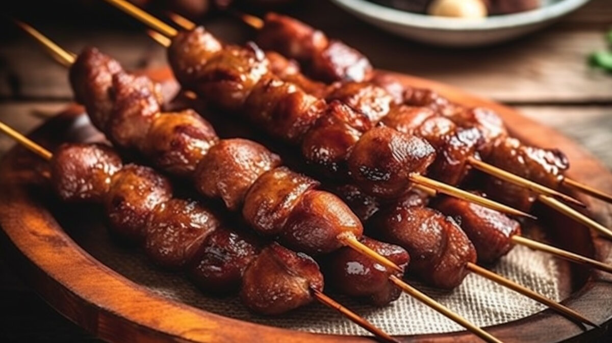    Шашлык из куриных сердечек на деревянных шпажках