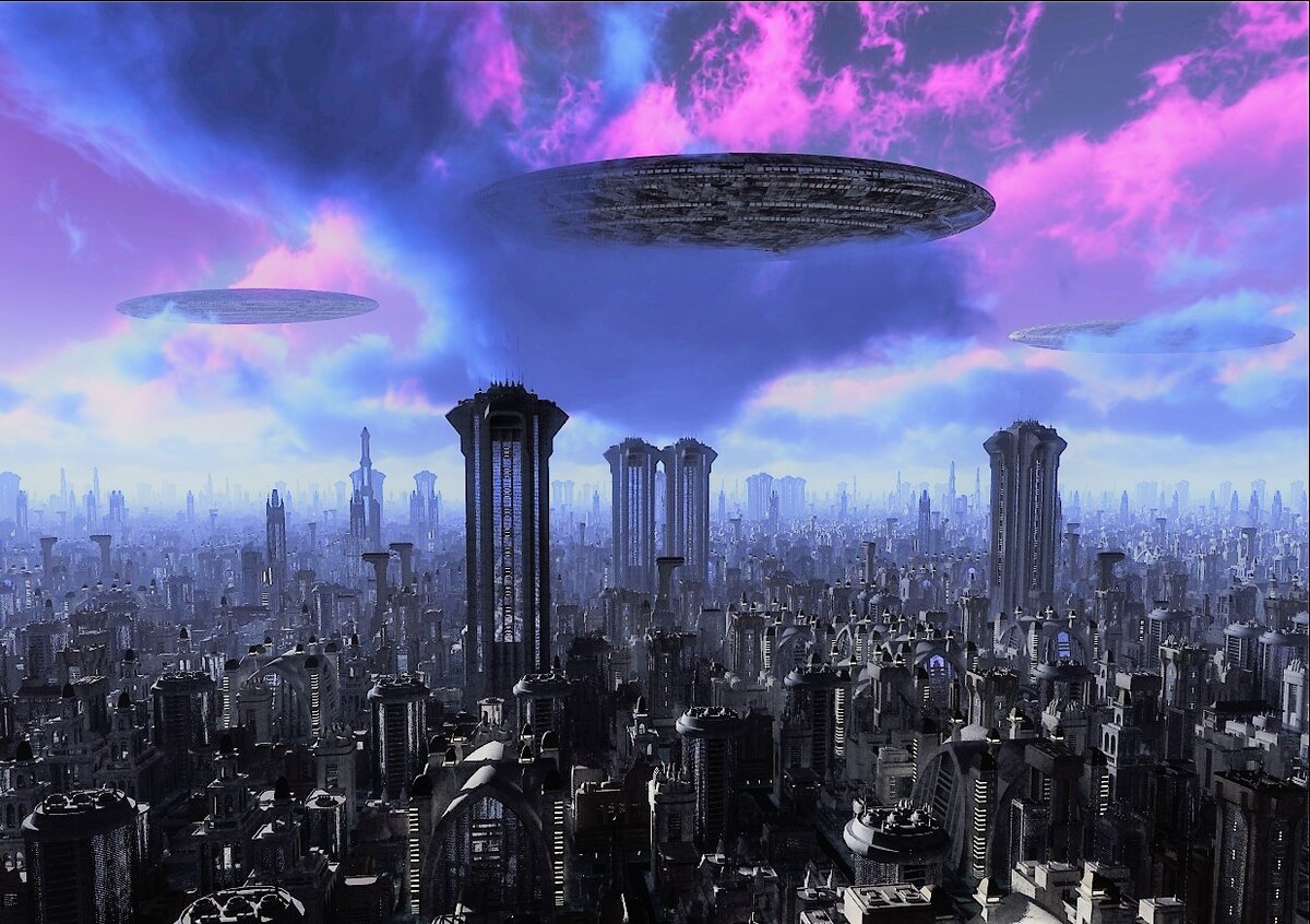 Мифология будущего. Инопланетный город. НЛО над городом. Летающая тарелка над городом. НЛО фэнтези.