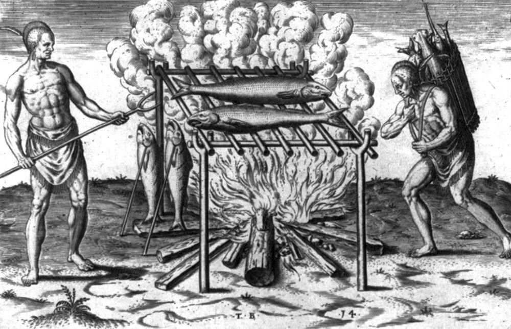 Изображение барбакоа, основанное на картине Джона Уайта, английского исследователя, который помог создать поселение Роанок. Викисклад