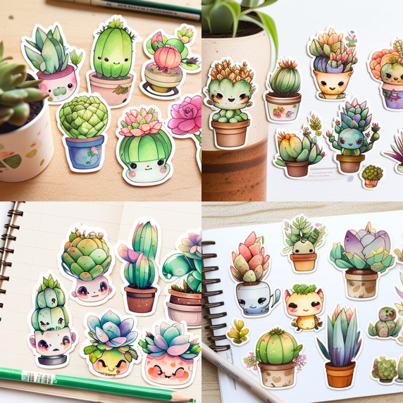 kawaii anthropomorphic succulents stickers watercolor