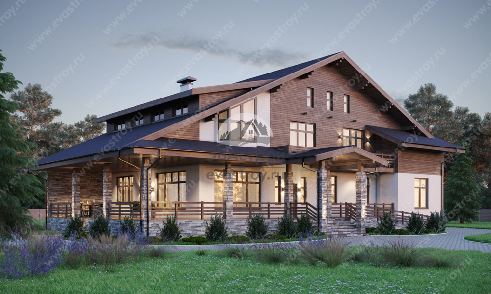 Проект двухэтажного дома 571 м2 из кирпича с погребом, зимним садом, сауной и бассейном - LK-58