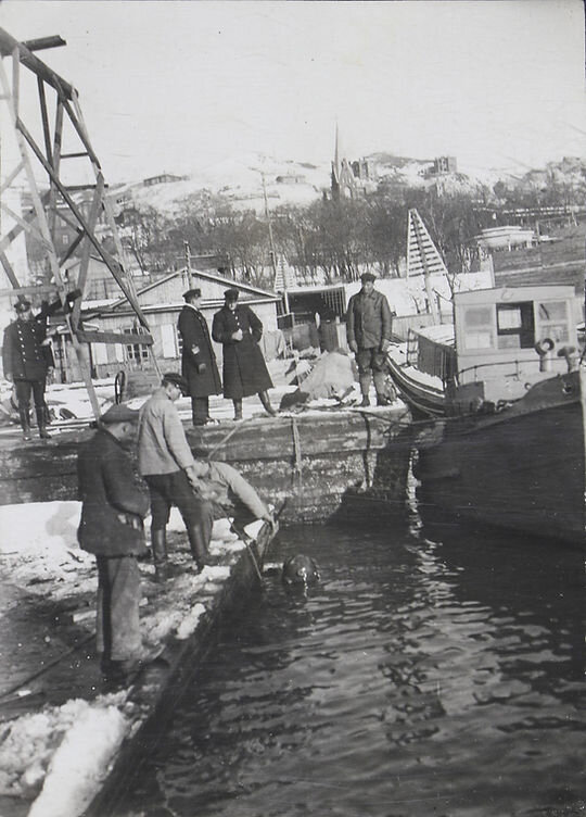 Вид береговой базы ЭПРОН во Владивостоке, погружение водолаза, 1932—1936. Из собрания ЦВММ.