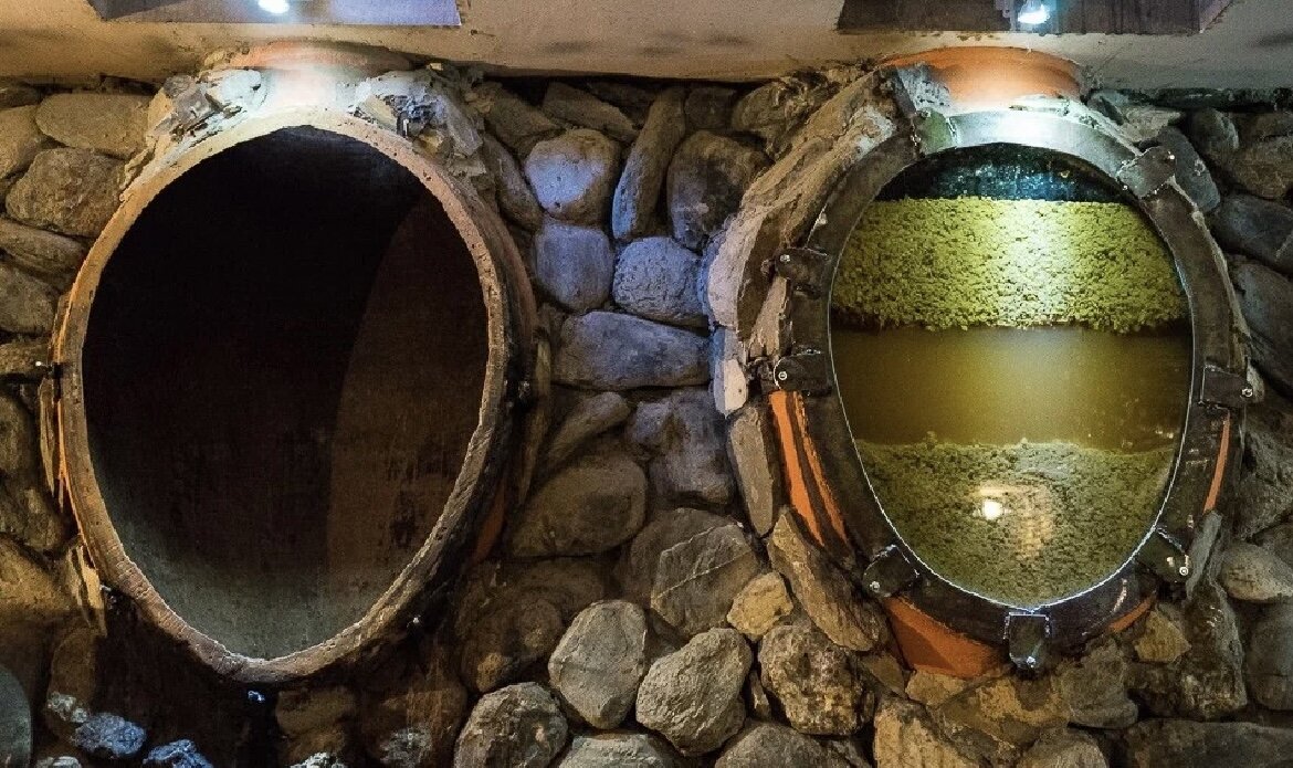 Производство вина «оранжевым» способом. Виноградное сусло настаиваемое на мезге (кожица, косточки, гребни) В данном случае в Квеври