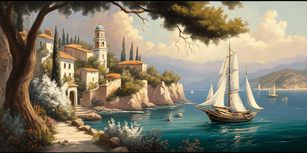 , Mikhail Lebedev: A Mediterranean landscape with a coastal village and sailboats in the harbor