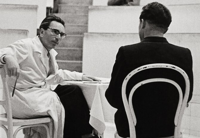 Psychotherapist Viktor Frankl at the University of Vienna. Photography. 1954.