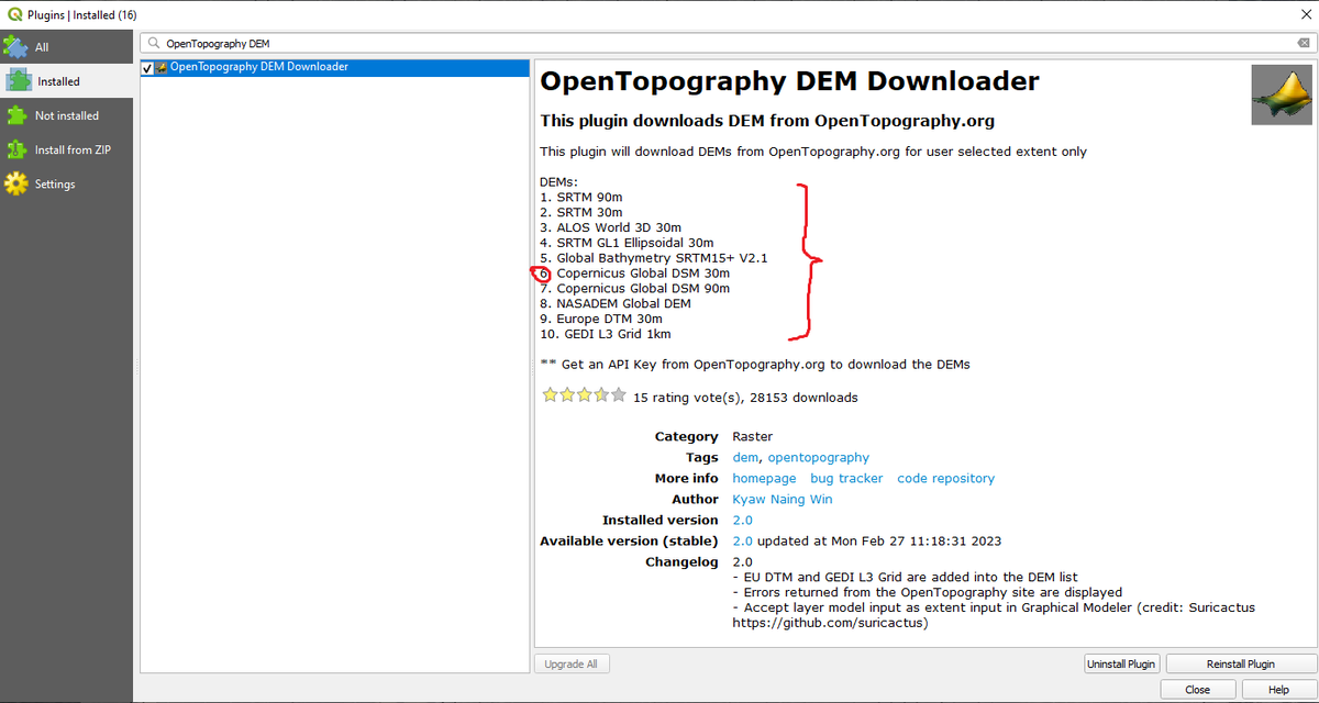 Qgis: описание OpenTopography DEM Downloader в менеджере плагинов.