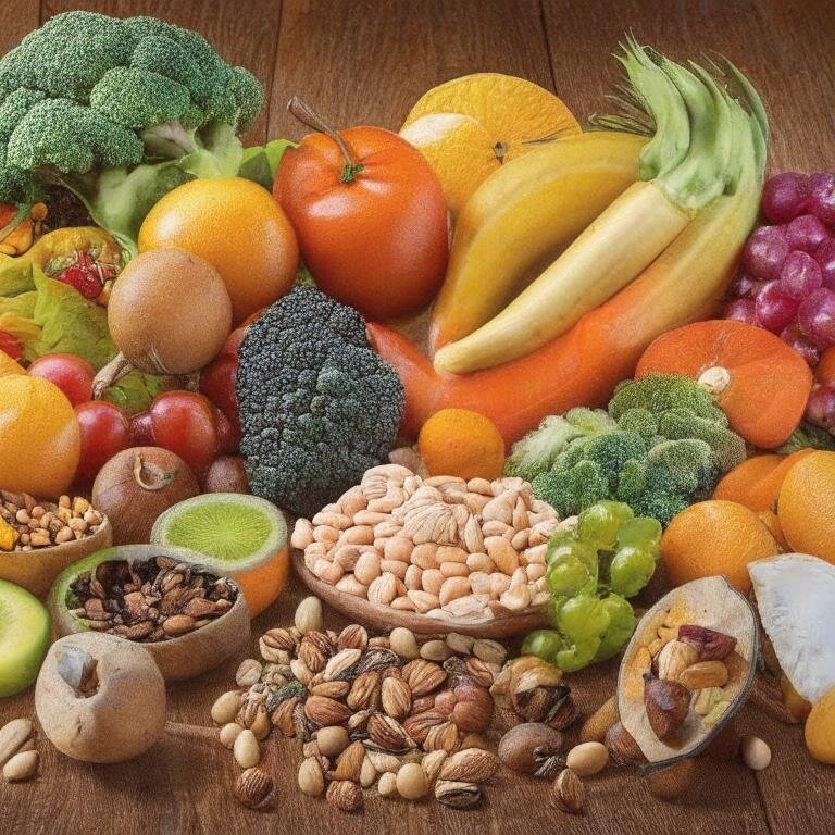 Овощи и фрукты, орехи, богатое витаминами еда. То