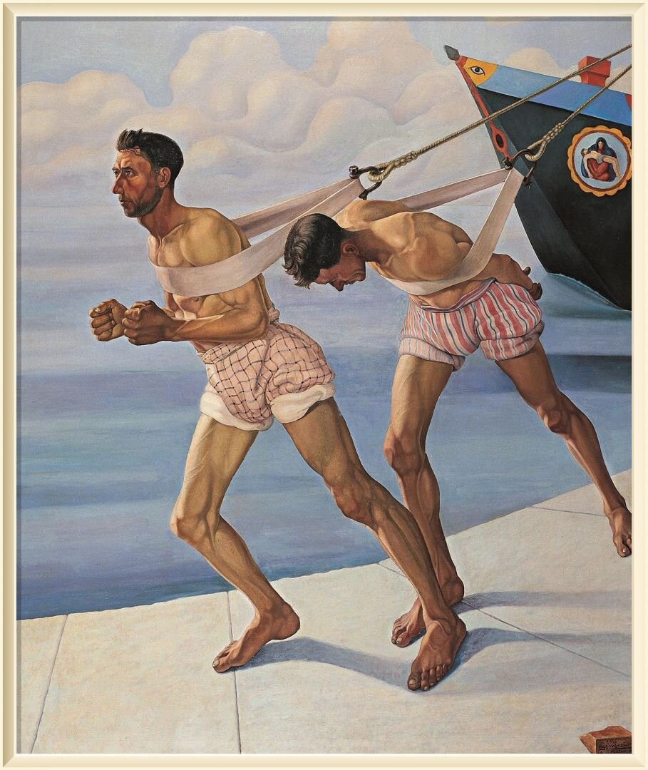   Каньяччо ди Сан Пьетро/ Cagnaccio di San Pietro /  1897-1946 / Италия / L'Alzana  1926 год  ( Л'Альзана, упомянутая в названии данной картины, представляла собой большой канат ( бурлацкую лямку ), используемую в качестве швартовного троса или для буксировки лодок, барж, которые тянули по каналам вьючные животные или люди на грани нищеты )