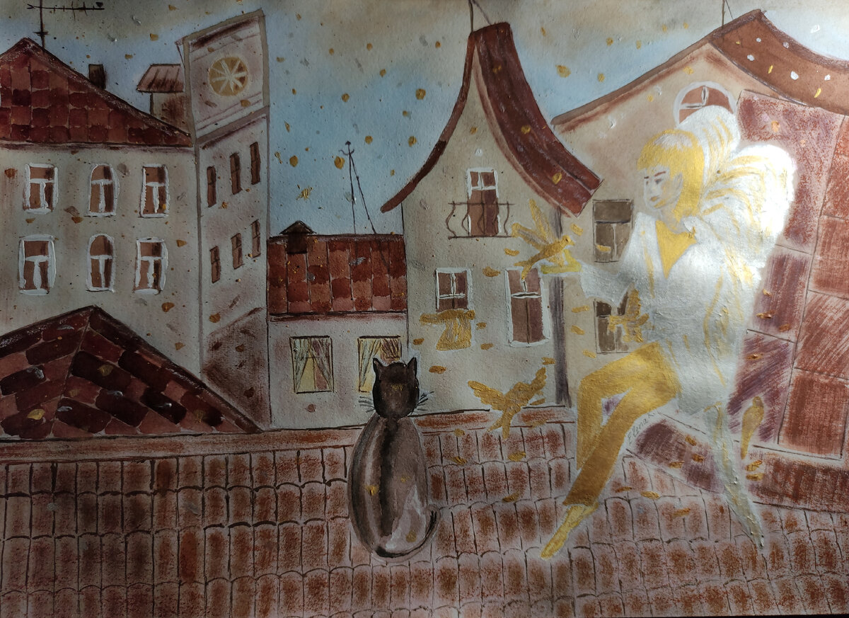 акварель Кот и Ангел